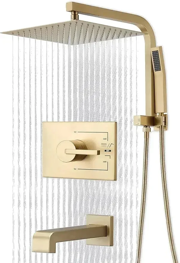 

Brushed Gold Shower Fixtures, Gold Shower Faucet Set with 12 Inch Gold Shower Heads with Handheld Spray Combo and Tub Spout