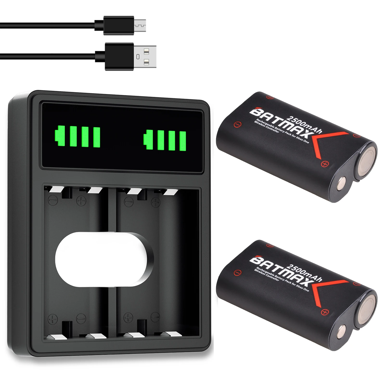 Batmax 2Pcs Xbox One Batteria 2500Mah + Led Doppio Caricatore Per Xbox One/Xbox One S/Xbox One X/Xbox One Elite Controller Wireless