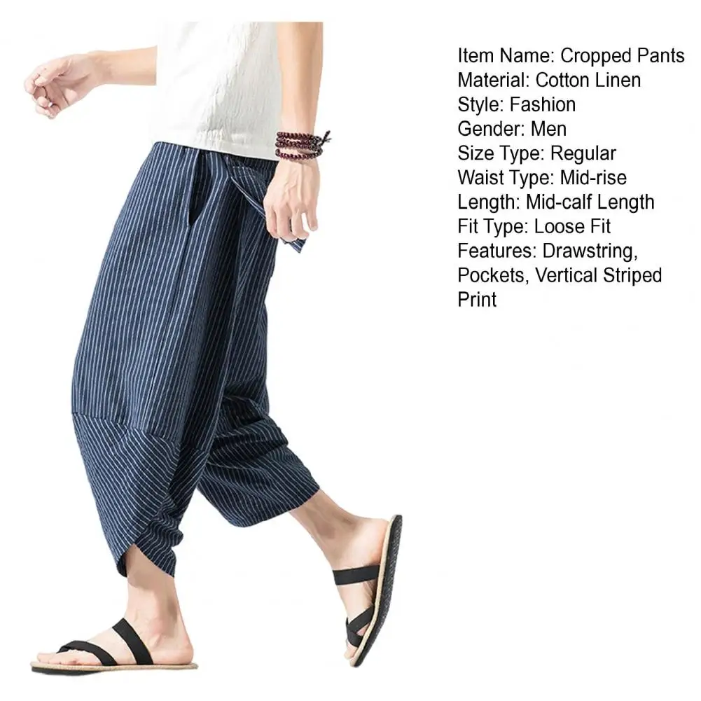 Description Picture 3 of itemCropped Carrot Trousers Men Summer Cropped Pants Men's Summer Cropped Pants with Elastic Drawstring Waist for Streetwear