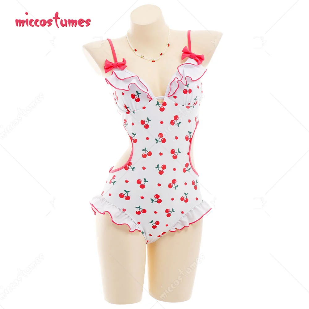 Women Girls Miccostumes Swimsuits for Women Cherry Printed Bathing Suit Ruffles Kawaii One-piece Swimwear