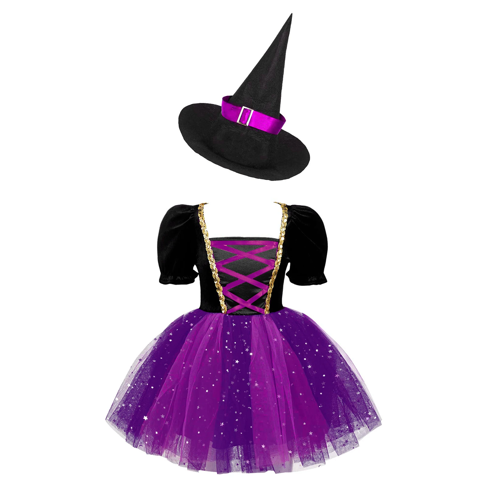 

Kids Girls Halloween Witch Costume Cosplay Carnival Party Dress Up Performance Bubble Sleeve Glittery Mesh Tutu with Pointed Hat