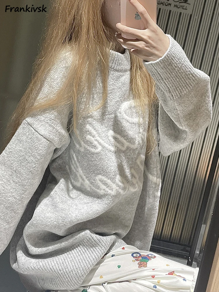 

Letter Sweaters Women Streetwear Soft Cozy Simple Daily Schoolgirls All-match Slouchy American Style Baggy Round Neck Knitting