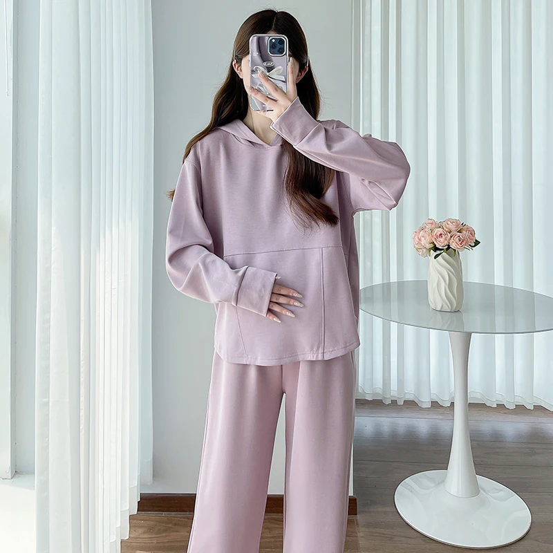 D70664# Maternity Tops+Pants Two-piece Maternity Clothes T Shirt Sets Belly Support Pants Hoodie 2 Pcs Clothing