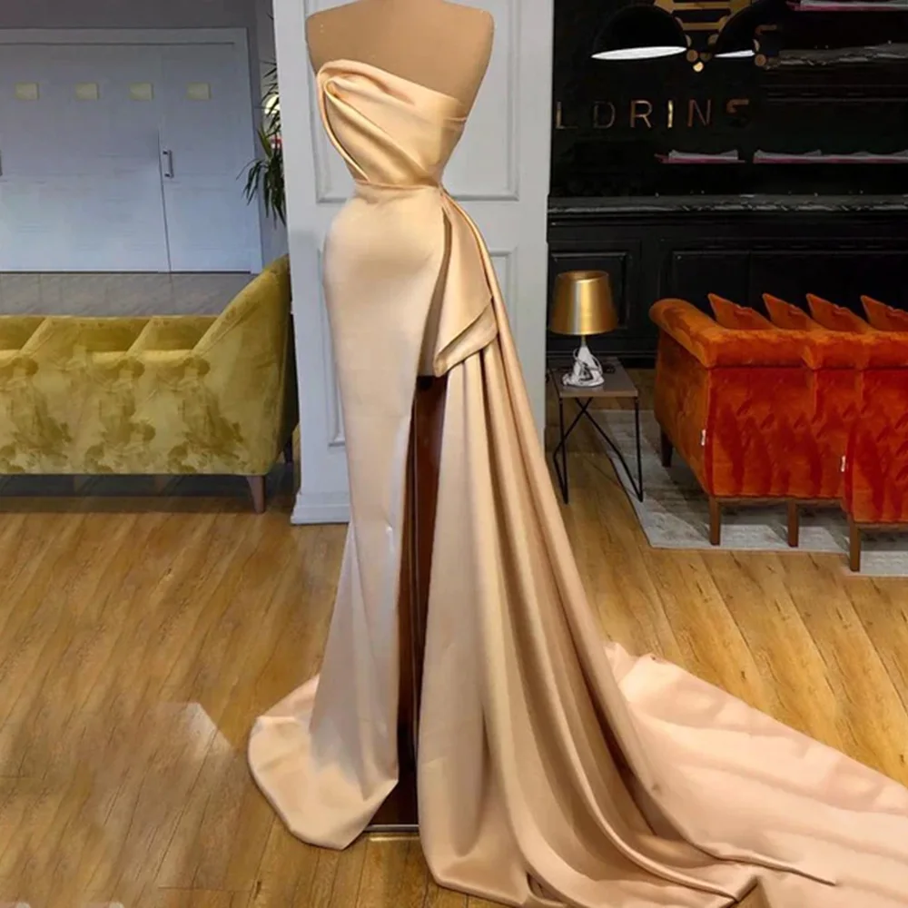 

vestidos de festa Strapless Satin Pleated Side High Slit Prom Dress for Women Mermaid Court Backless Evening Party Gown