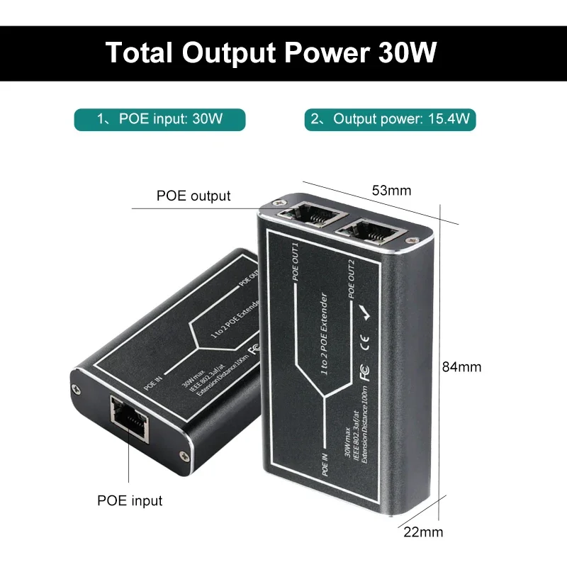 OMAY POE cable extension Amplifier Expander 1 to 2 ports NVRIP camera 3AF/at standard 48V,10mbps,100mbps, 100-meter range tool