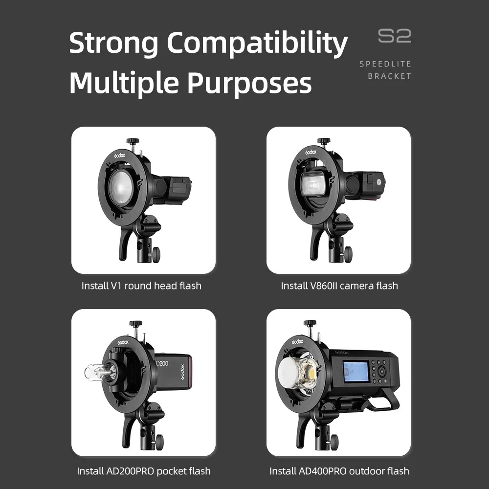 Flash Holder Original Godox S2 Bowens Mount Flash S-type Holder Bracket for Godox V1 V860II AD200 AD400PRO Speedlite Flash Snoot Softbox