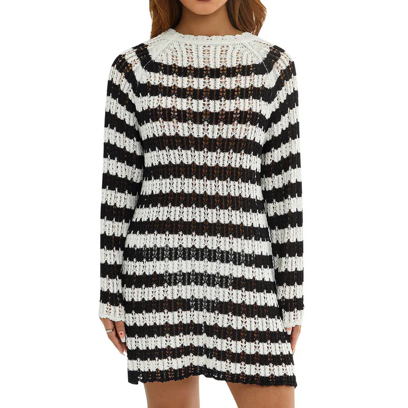 

Female Knit Sweater Dress Evening Party Fall Winter Clothes Elegant Vintage Sexy Hollow Long Sleeve Mini Dress Night Club