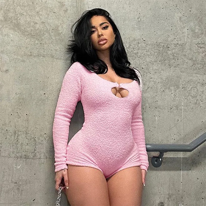 Pink Fur One Piece Jumpsuit Furry Sexy Jumpsuits 2023 Fall Women Club Wear Rompers Elegant Luxury Bodycon Bodysuits Playsuits