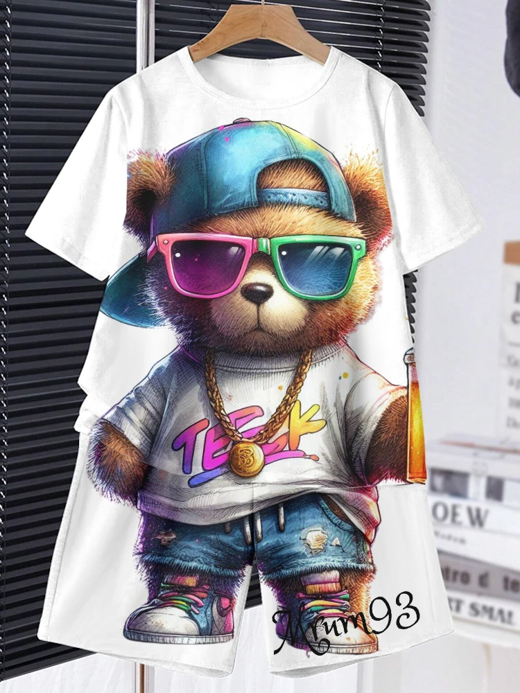 Anime Trend Bear Print Short Sleeve T-shirt Shorts 2 Summer Men's Fashion Street Short Sleeve Suit Heat Insulation Anti-wrinkle 5