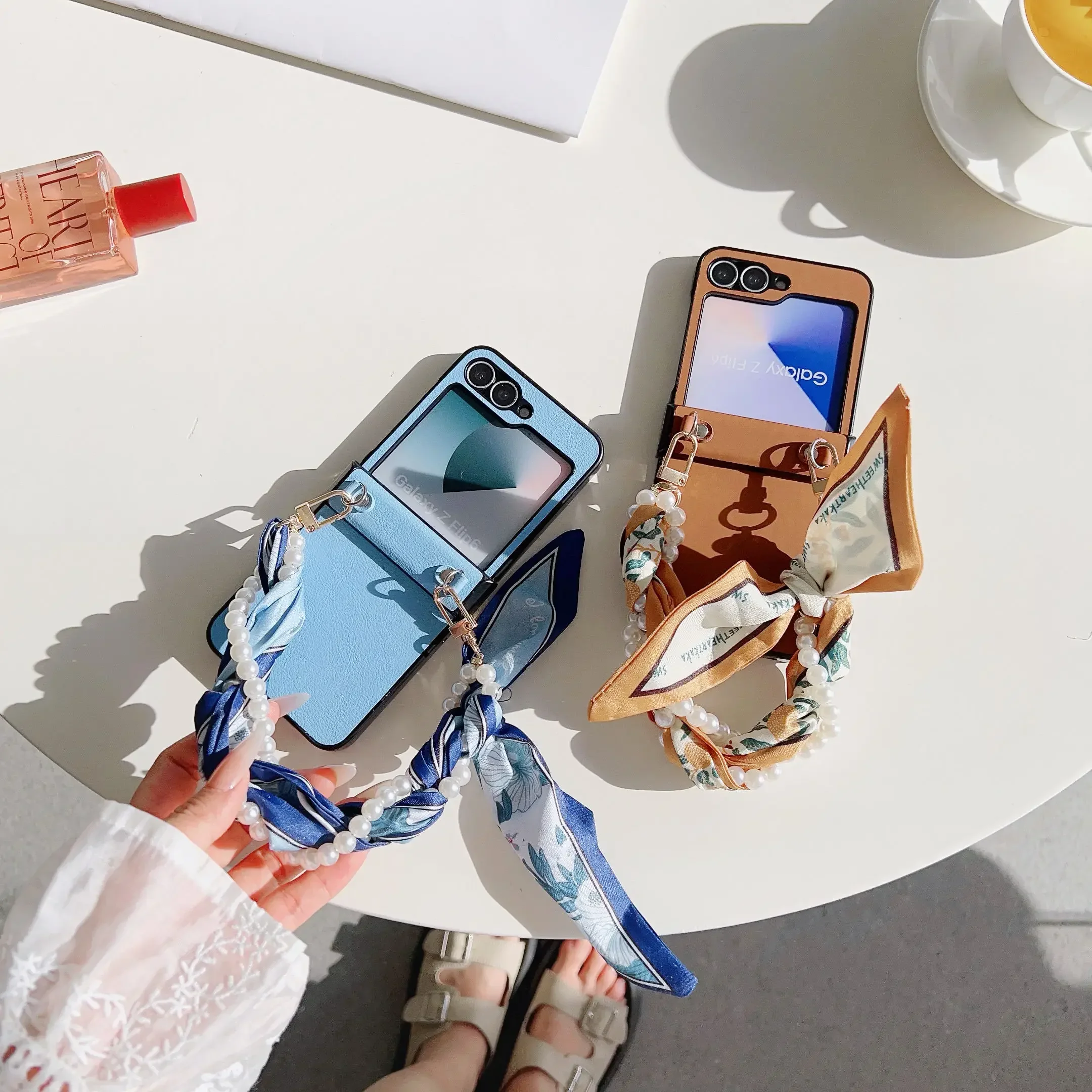 Elegant PU Leather Phone Case with Hinge Protection & Pearl Scarf Wrist Chain Strap Bracelet
