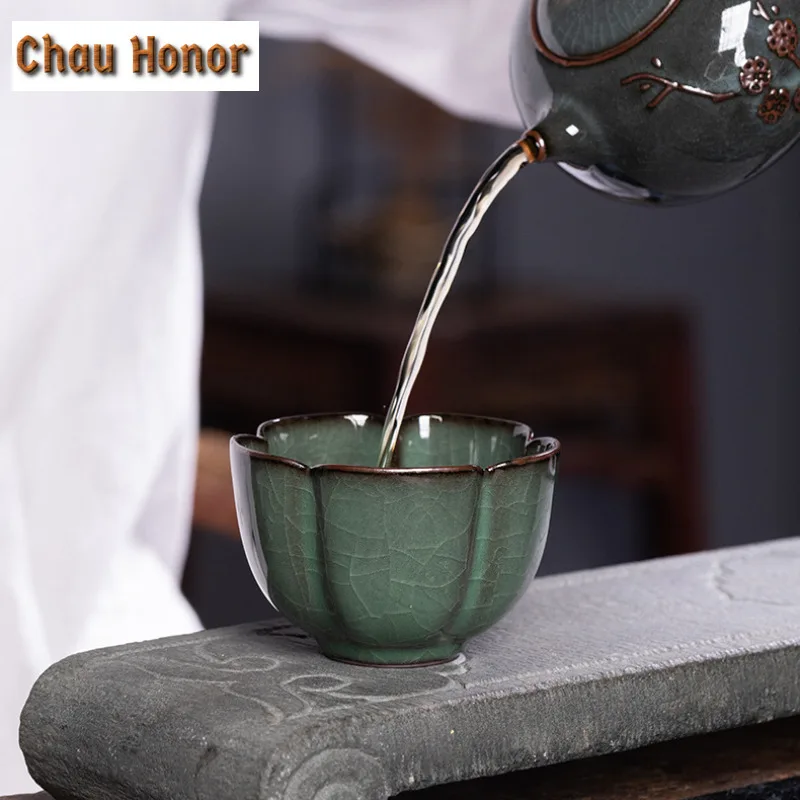 4pc/set Longquan Celadon Fortune Longevity Teacup Aesthetic Tea Bowl Tea Pair Tea-tasting Smelling Cup Chazhan Master Cup Teaset