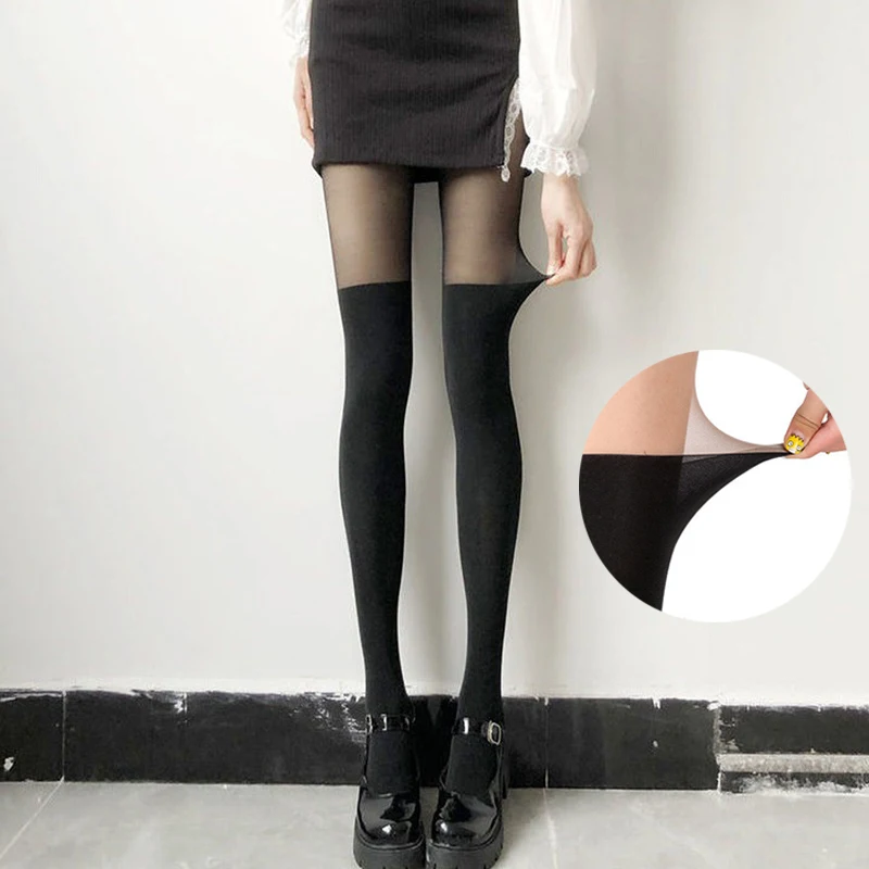 Mock Suspender Tights College Style Japanese Women Stitching Fake Thigh High Pantyhose Upper Skin Lower Black Women's Stockings |