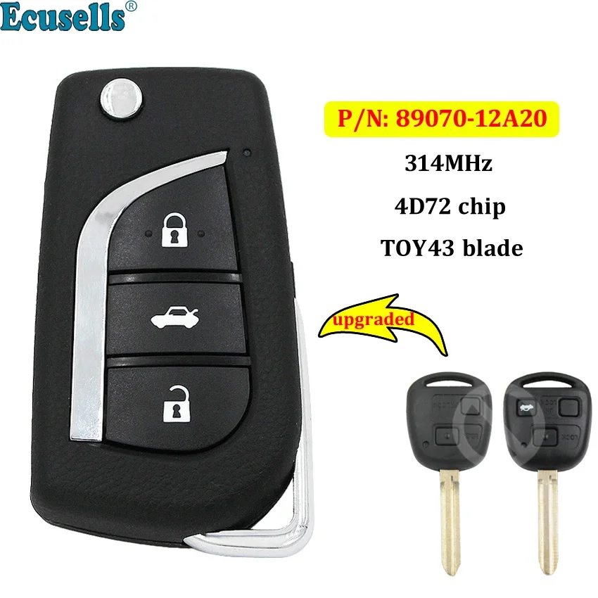 

Upgraded Remote Key Fob 314MHz 4D72 Chip for Toyota Corolla 2012-2015 P/N:89070-12A20 Uncut TOY43 Blade