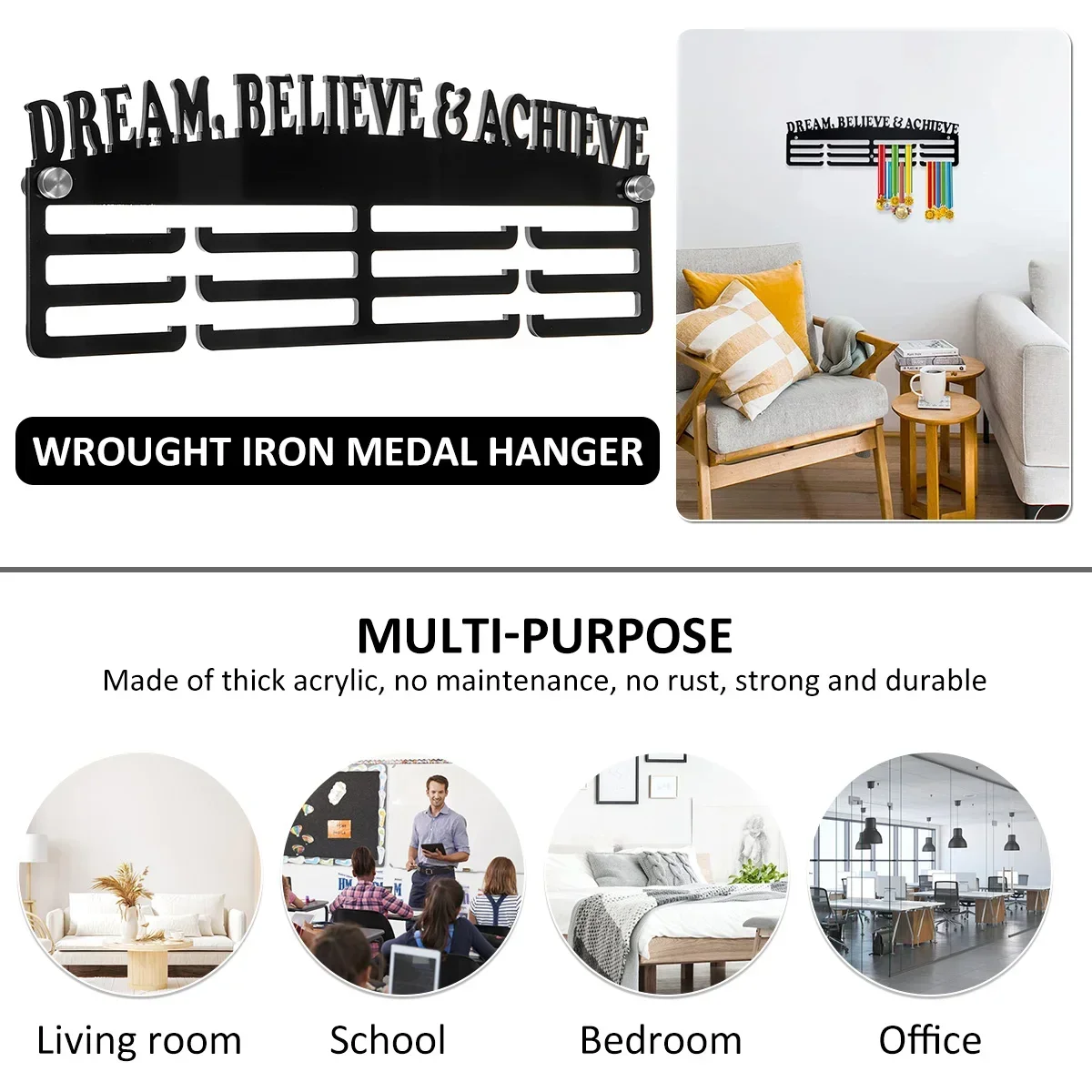 Medal Holder Display Hanger Personalized Medal Wall Hanger for Sport Race Runner Sturdy Black Steel Metal Easy to Install 6