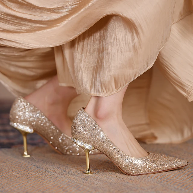 Zapatos de tacón alto con diamantes de imitación dorados para mujer,  Stilettos elegantes con falda de 8CM, zapatos de fiesta de alta calidad,  primavera 2022 - AliExpress