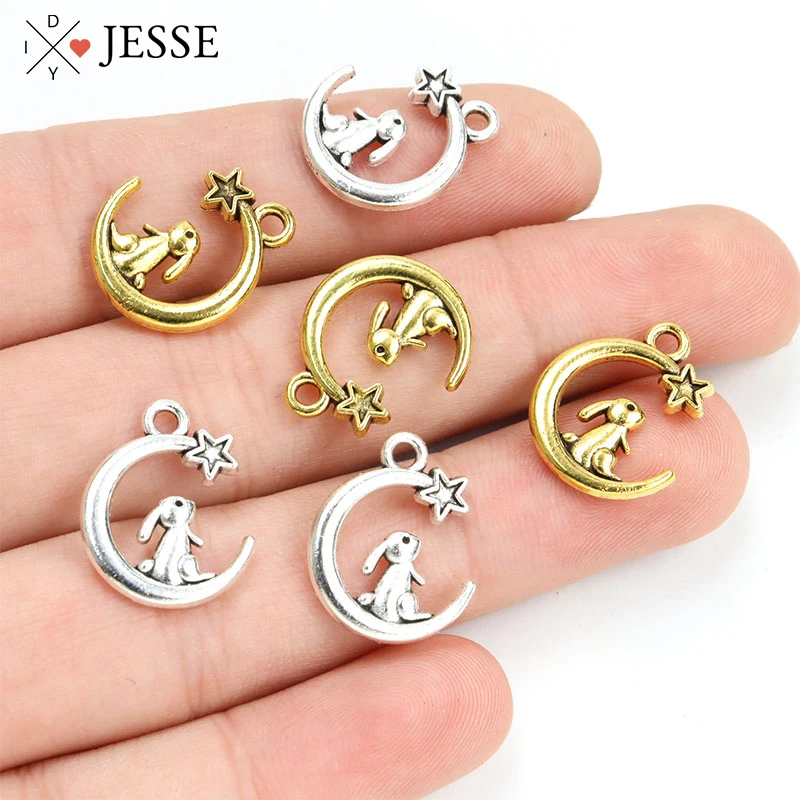 

20pcs Gold/Silver Color Plated Rabbit Moon Star Alloy Charms for Jewelry Making Pendants Earring DIY Craft Accessories Wholesale