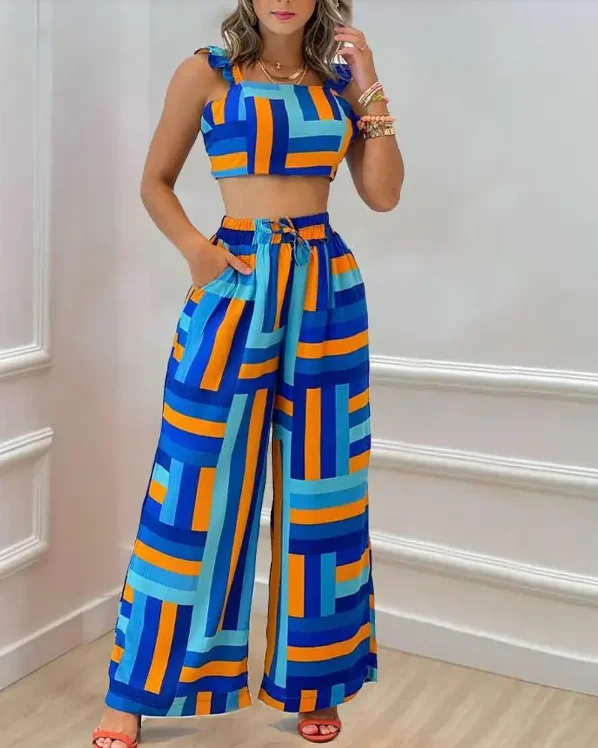 Women's Suit 2022 Spring and Summer New Women's Clothing Geo Print Tie Back Crop Top & Wide Leg Pants Set