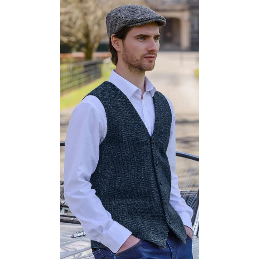 Men Sleeveless Jacket Dress Vest Men's Herringbone Tweed Suit Waistcoat Male Elegant Single Breasted Suit Vests Retro Steampunk