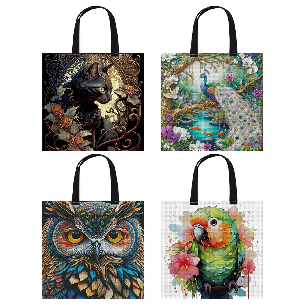 11CT Cat Peacock Owl Parrot Cross Stitch Canvas Tote Bag Embroidery Kit Personalized Bag Hand Needlepoint Kit for Beginners cross stitch kit,cross stitch tools