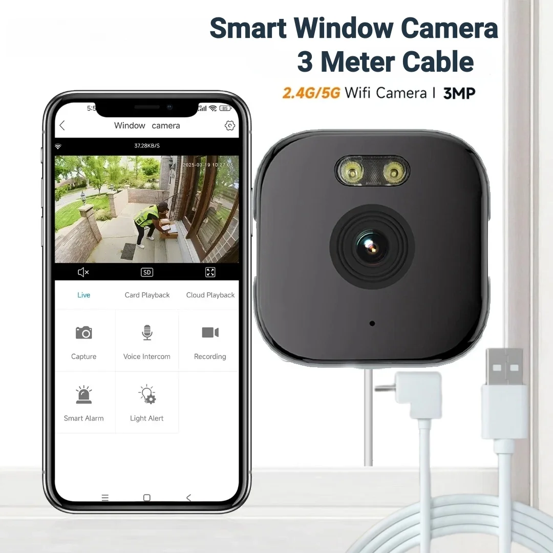 Smart Window Camera 2.4/5GHz Wi-Fi 3MP Resolution Full-Color Night Vision Through Window Indoor Camera With 3 Meter Cable 2