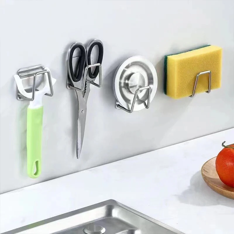 Kitchen Sponges Holder Stainless Steel Sink Sponges Drain Drying Rack Self Adhesive Storage Holder Wall Hooks Kitchen Organizer