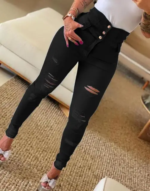  - Women's Jeans 2022 Trend Autumn Fashion High Waist Buttoned Cutout Ripped Casual Skinny Plain Pocket Design Daily Long Jeans