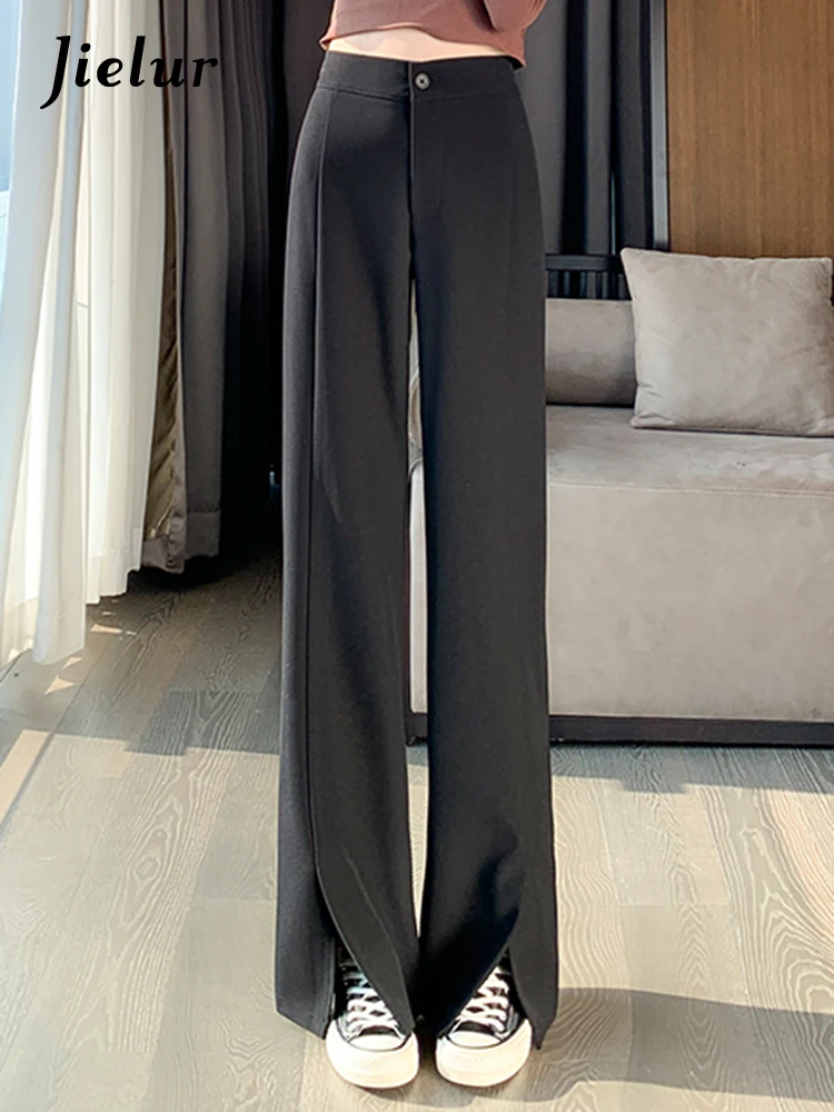 

Jielur Chic Slim High Waist Split Female Flare Pants New Fashion Office Ladies Basic Simple Loose Casual Solid Color Women Pants