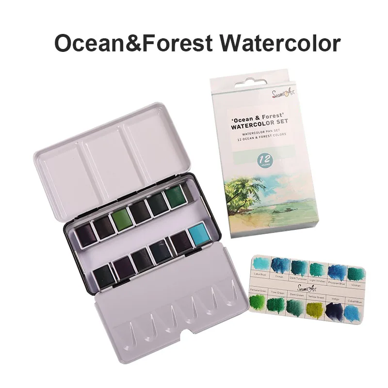 

Aquarelle Watercolor Paint Set of 12 Assorted Ocean& Forest Colors Pans in Portable Tin Box for Artists Art Watercolor Painting