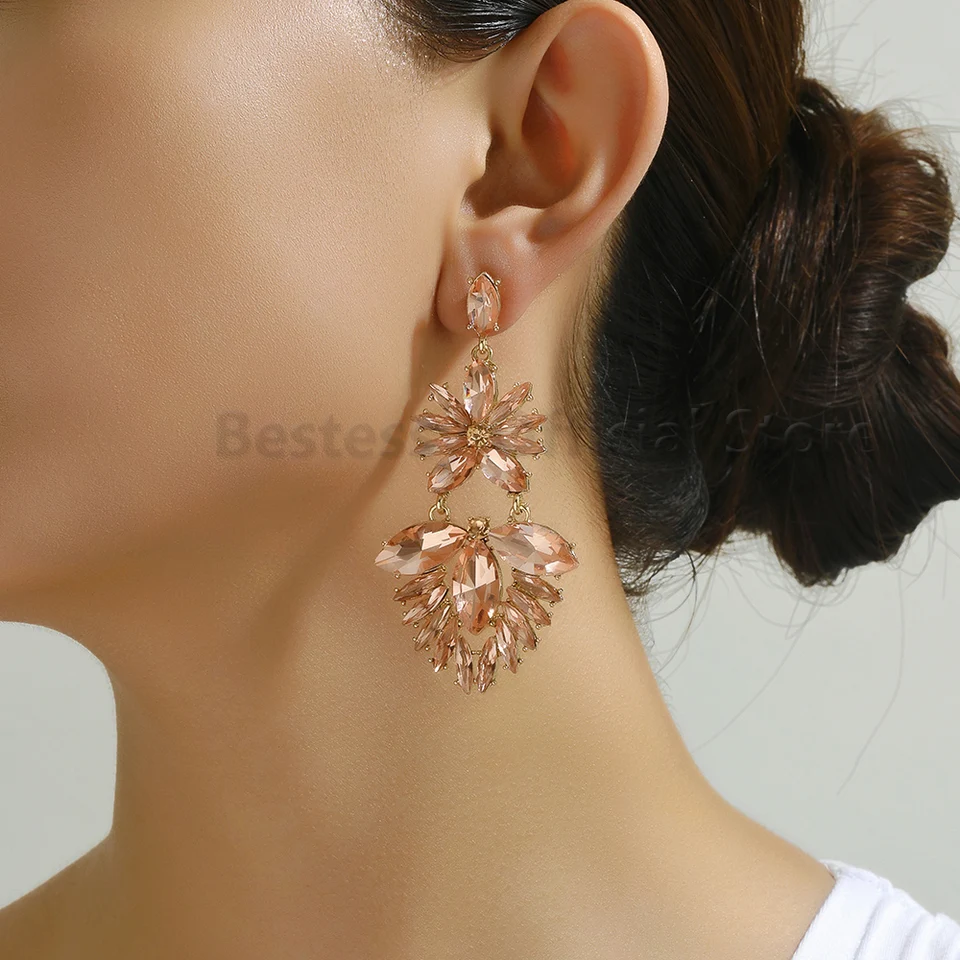 Colorful Crystal Glass Flower Shaped Long Drop Earrings For