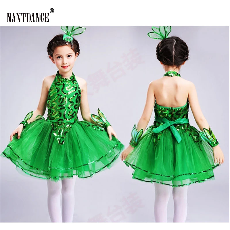 Children Latin Grass Performance Clothing Green Puffy Princess Dress Girls Stage Dancewear Suit Modern Dance Ballet Dress