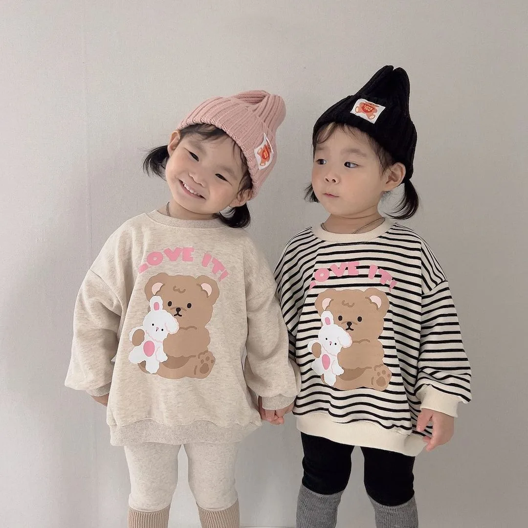 Spring Boy Children Cute Bear Print Long Sleeve T-shirt Girl Baby Cartoon Casual Sweatshirt Infant Cotton Tops Toddler Tees