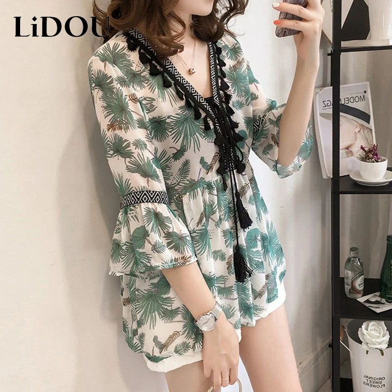 2023 Summer New Loose Casual Floral Printing T-Shirts Women Korean Style V-neck Tassels Lantern Sleeve Thin Style Chiffon Tees t shirts tees something in the orange sunset cactus truck t shirt tee in apricot size m s