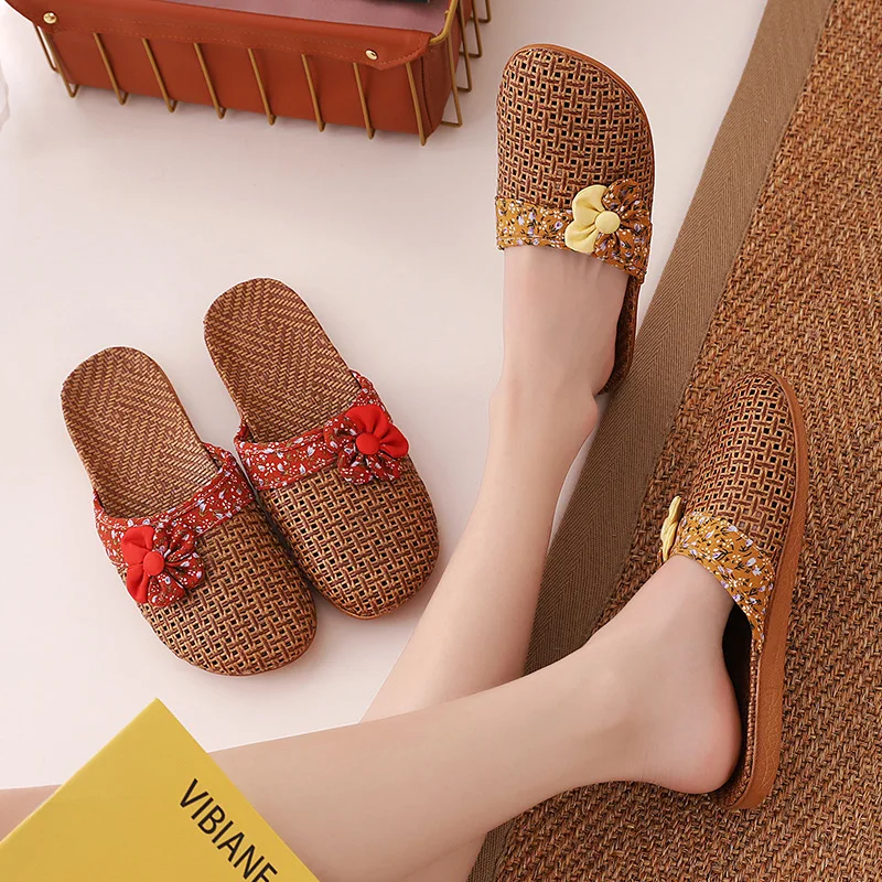 Linen Embroidered Flower Rattan Grass Hand-Woven Home Indoor Men And Women'S Non-Slip Cotton Linen Cool Slippers Natural Environ