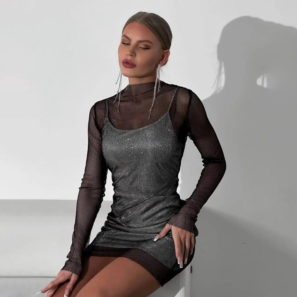 

Glitter party sexy halter dress Mesh two Spice Girls dark wind tight skirt women semi see-through trend