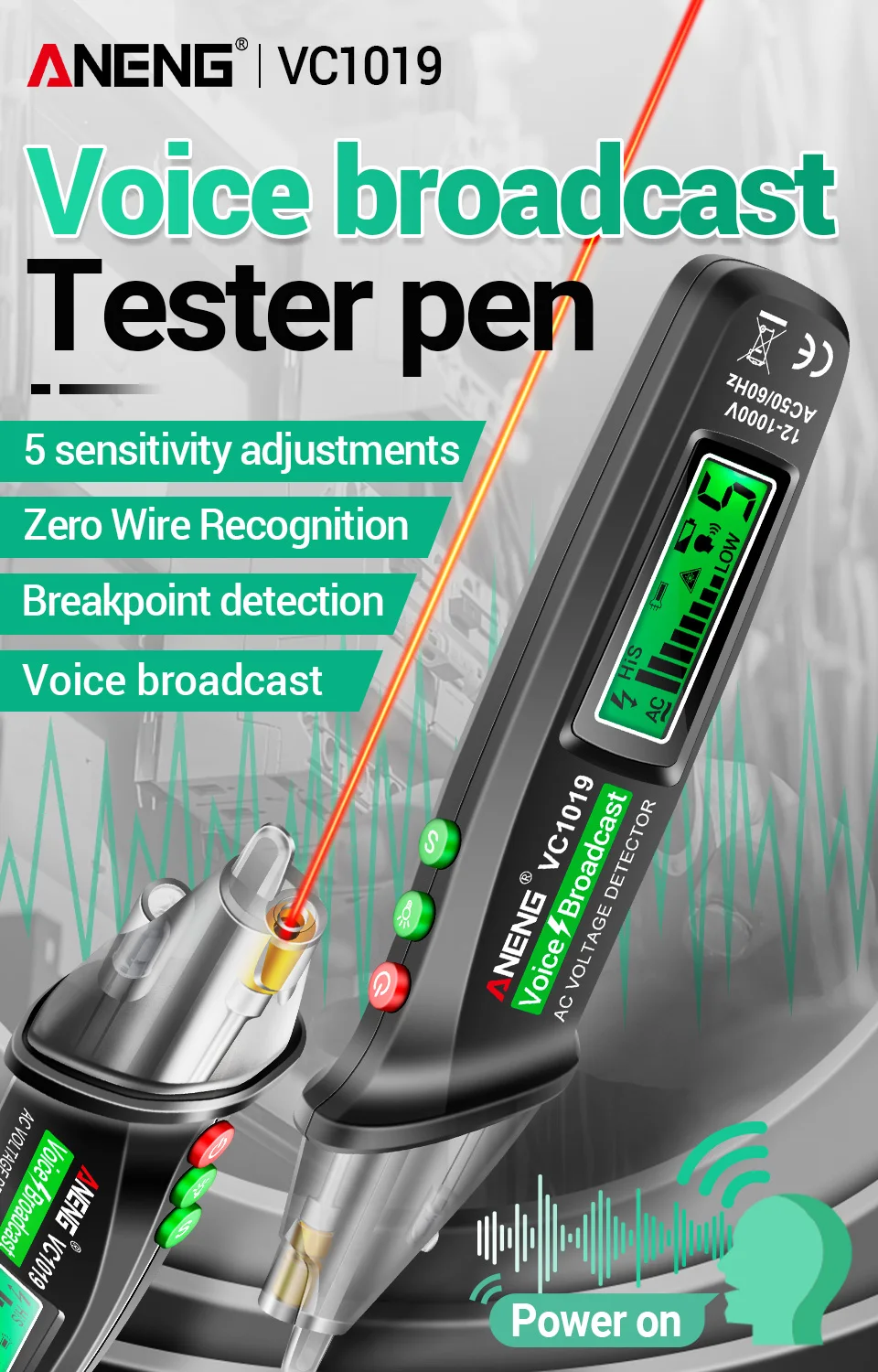 Tester Stift Berührungsloser Sprachübertragungsdetektor Messgerät ANENG VC1019 Leistungsschalter Finder 12-1000V NCV Spannungssteigungsprüfer – Detail 1