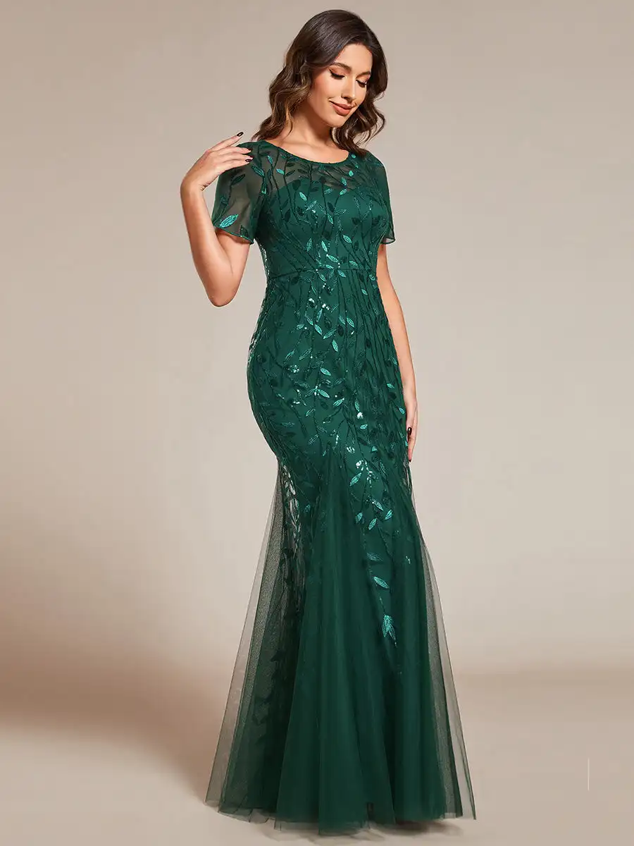 Elegant Evening Dresses O-Neck Mermaid Floor Length 2024 of Dark Green ESequin Shiny Fishtail Tulle Dresses for Party