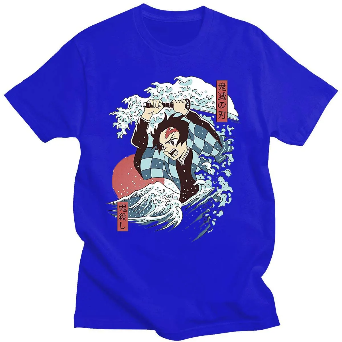 Summer Men Tshirt Demons Slayer in Ukiyo E Hokusai The Great Short Sleeves Cotton Print Anime Tee O-Neck Casual Women T-Shirt orange t shirt T-Shirts