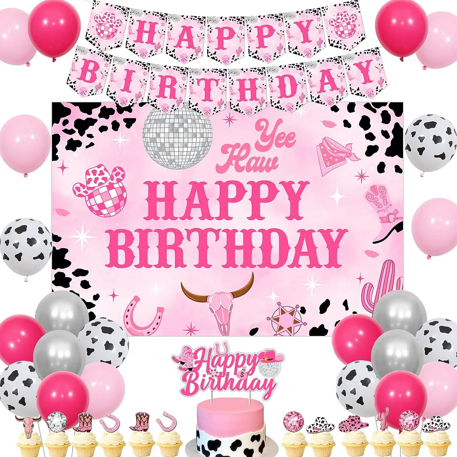 

Disco Cowgirl Birthday Party Decoration Hot Pink Balloons Western Cowgirl Happy Birthday Backdrop Banner for Girl Rodeo Birthday