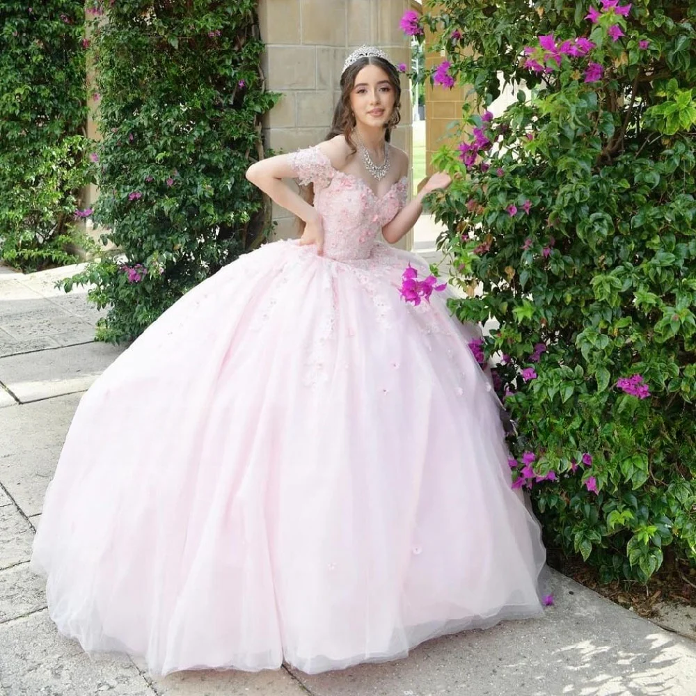 

Pink Quinceanera Dress 2024 Flower Applique Birthday Party Ball Gown Sweet 15 16 Vestidos De 15 Años Quinceañeras Princess