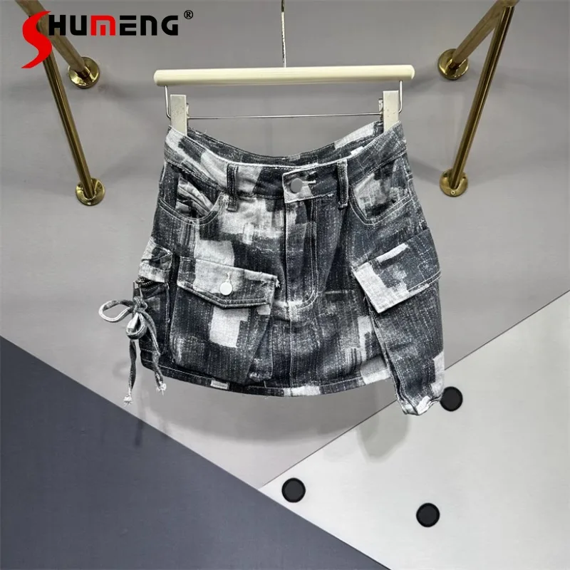 Irregular Large Pocket Hip Skirt Ladies Summer Versatile Slim Color Matching Printing And Dyeing Denim Skirts Women's Clothing