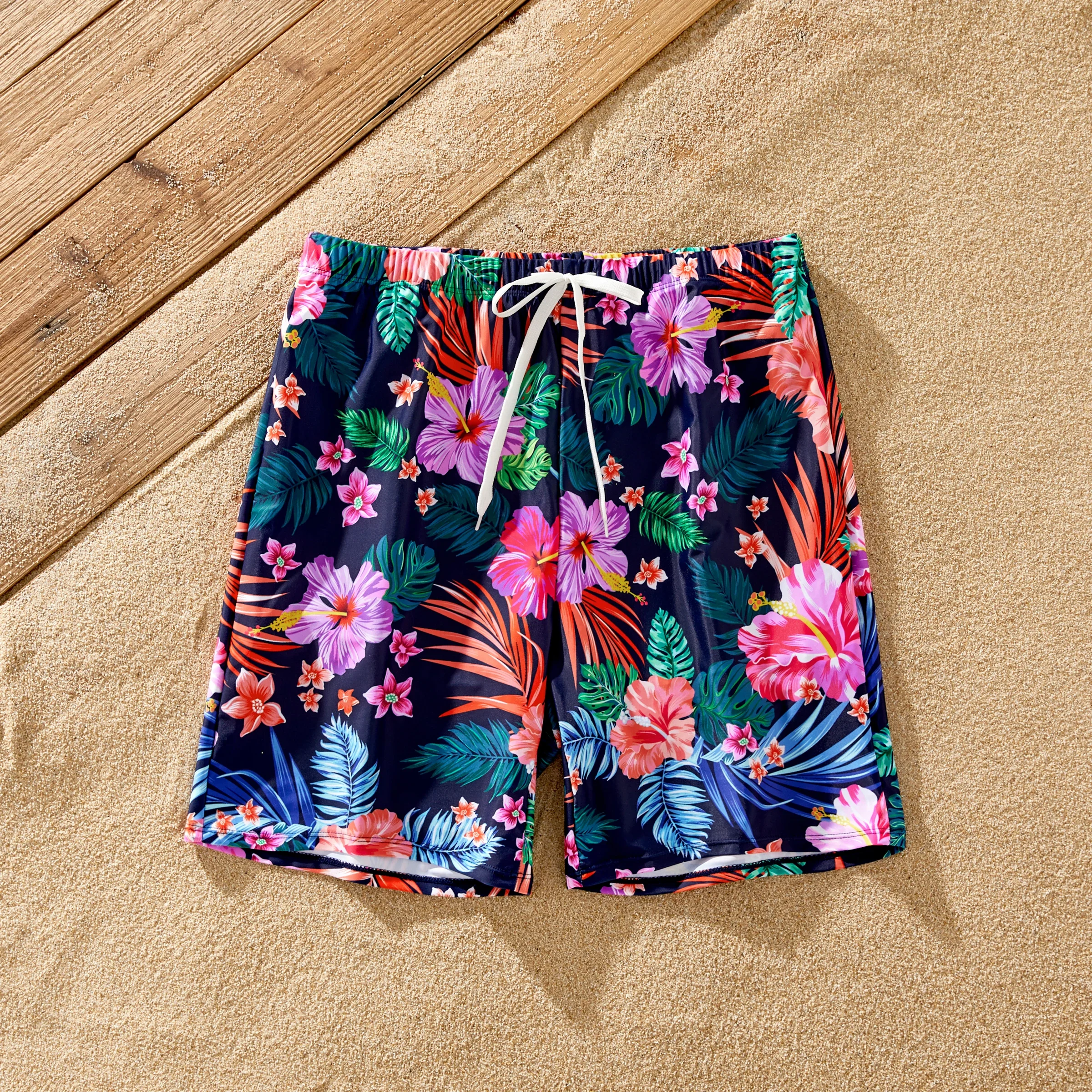 PatPat Family Matching Tropical Floral Drawstring Swim Trunks or Ruched Drawstring Side One-Piece Strap Swimsuit 4