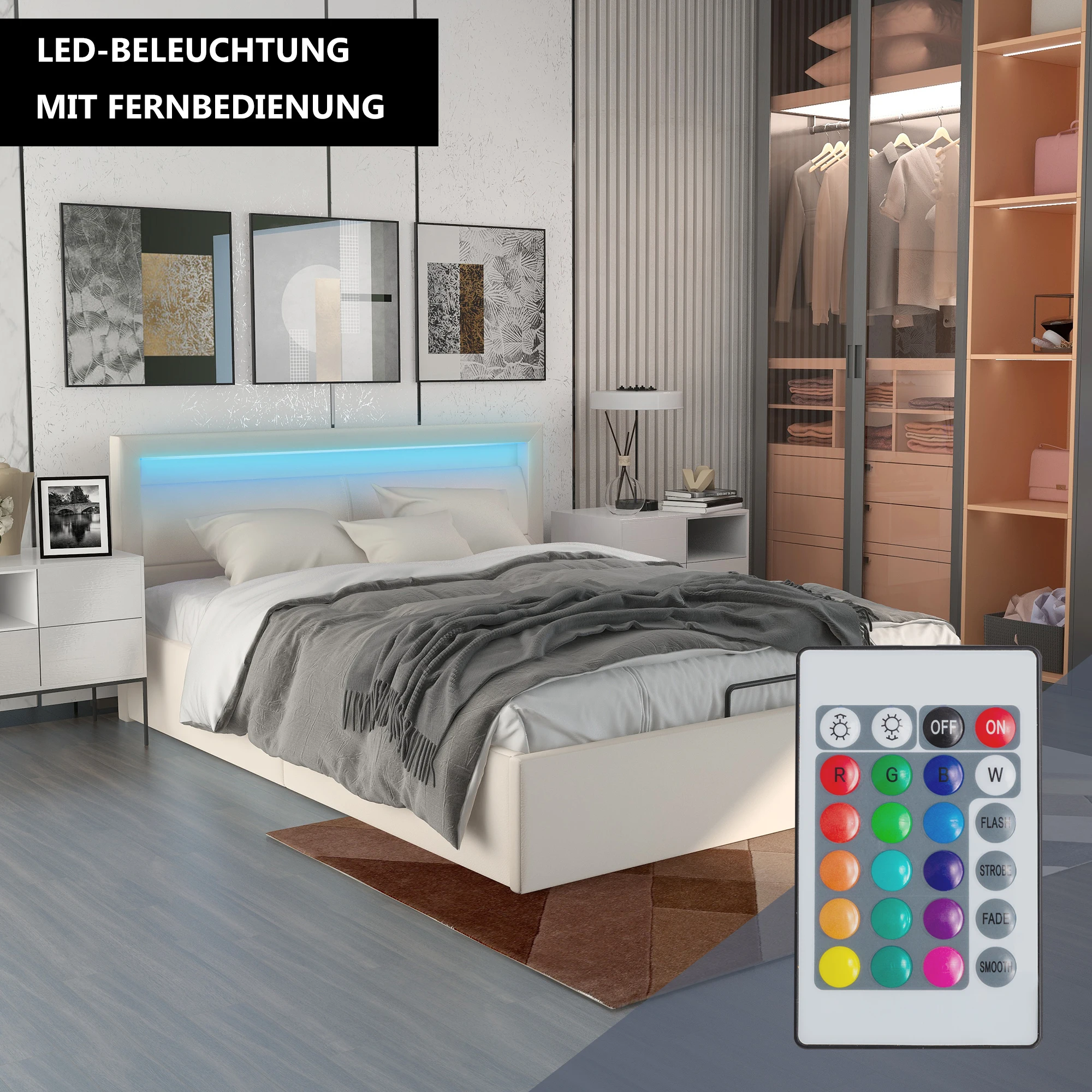 Upholstered Bed LED Bed 140*200cm with Slatted Frame and Storage Space with Illuminated Headboard in Various Colors White