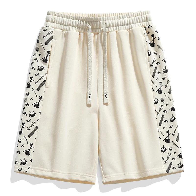 2024 Summer New Fashion American Style Unisex Printed Pocket Elastic Waist Drawstring Loose Sport Knee Length Casual Shorts