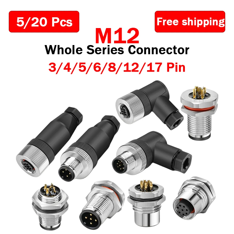 

5/20 PCS M12 Series Connector Aviation Panel Back/Front Mount Flange Socket Male Female Sensor Connector IP67 Waterproof PIN