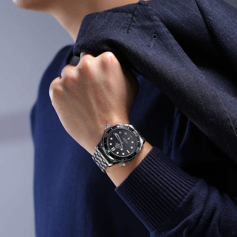 Herren Automatik Selbstaufzug Mechanisch Edelstahlarmband Casual Gelbgold Silber Blaue Lünette Master Wave_voghion.com