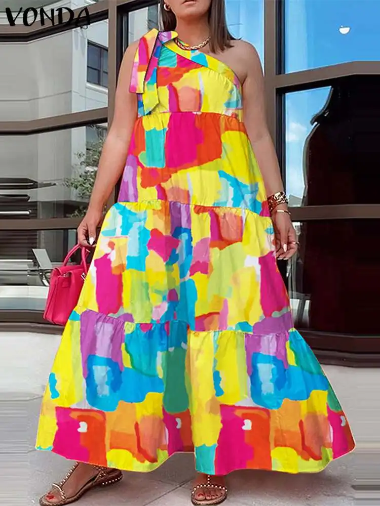 

Vintage Printed Sundress VONDA Bohemian Women Summer Sexy Sleeveless Maxi Dress 2023 One Shoulder Casual Loose Beach Long Robe