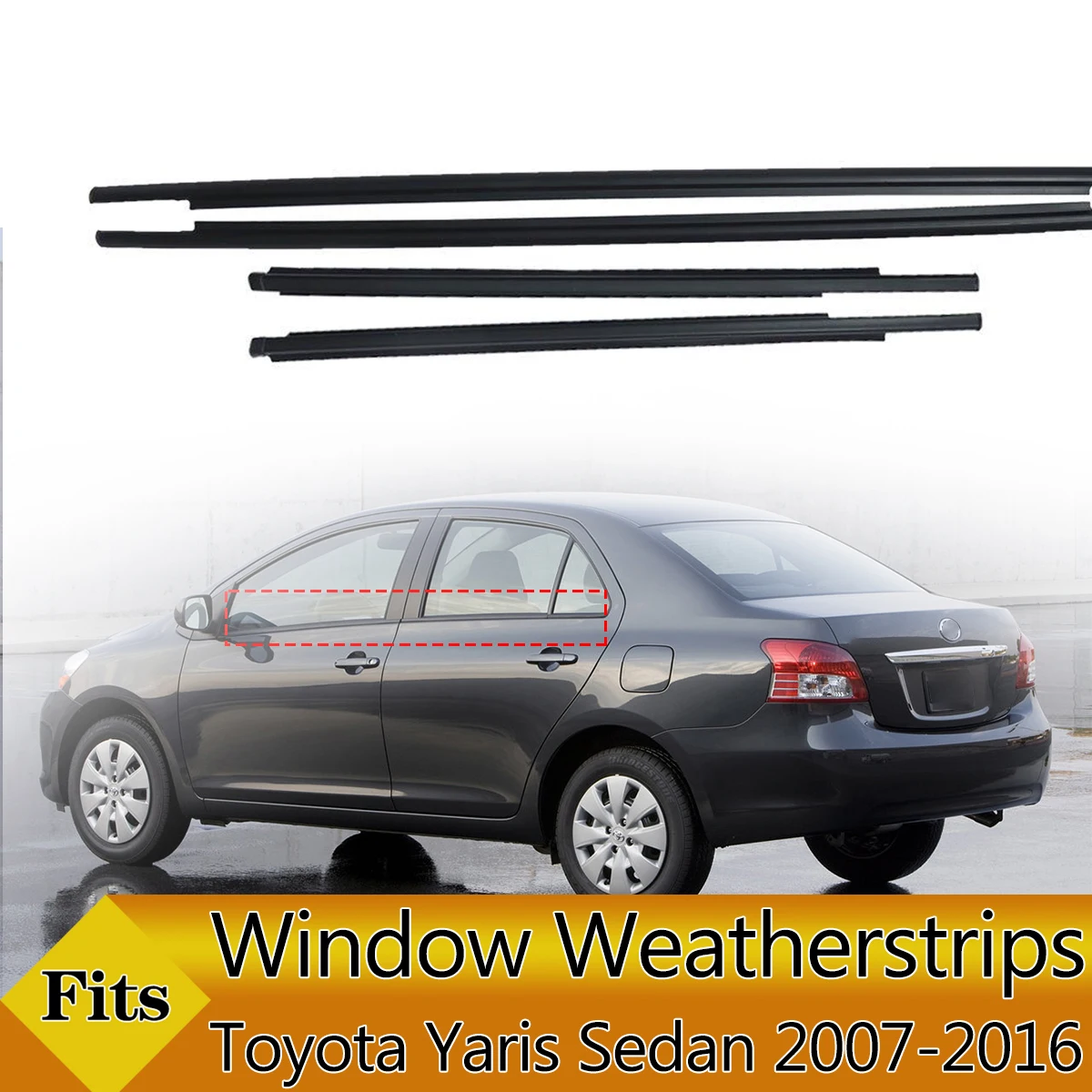 4PCS Window Weatherstrip Molding Car Outer Windows Rubber Waterproof Pressure Strip Sealing Belt For Toyota Yaris Sedan 2007-
