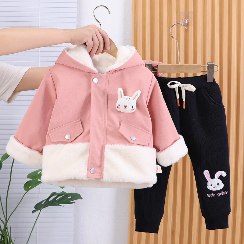 

Girls Thick Clothes Sets Winter Children Cotton Velvet Coats Hoodies Pants 2pcs Down Suit For Baby Girls Cute Warm Outfits Kids
