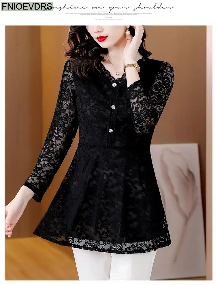 M-5XL 2023 Women Winter Spring Basic Black Lace Shirts Elegant Office Lady Loose Casual Ruffles Tunic Peplum Tops And Blouses