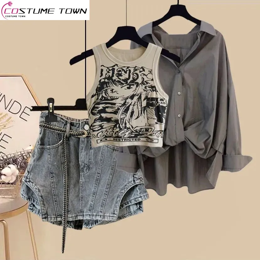 Vintage Printed Suspender Vest Loose Grey Chiffon Shirt Denim Shorts Three Piece Elegant Women's Pants Set Casual Outfits